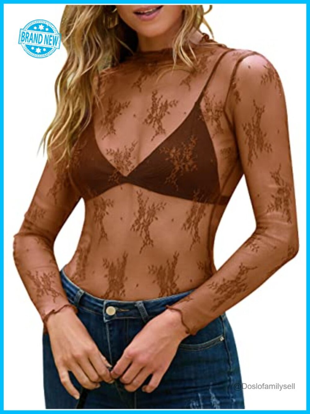 Sheer Mesh Lace Long Sleeve Mock Neck Blouse - Women's Layering Top
